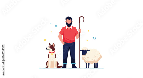 A friendly shepherd stands proudly with his loyal sheepdog and a fluffy white sheep, depicting rural life and companionship.
