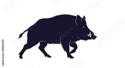 A dark, stylized illustration of a wild boar running across a white background.