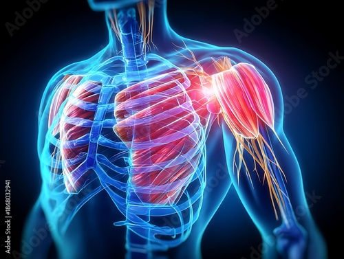 Human body diagram with shoulder blade pain highlight posture healthcare concept educational mood clinical tone straight-on angle, Realistic Photo