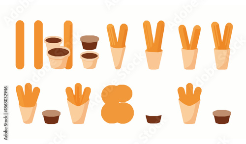 Cartoon churros icons set with Mexican chocolate dipping sauce in flat vector style