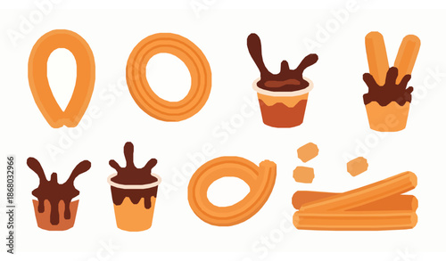 Playful churros and Mexican chocolate vector illustration set in cartoon style