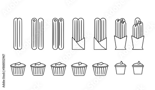 Minimal churros food icon set with chocolate dip in outline vector style