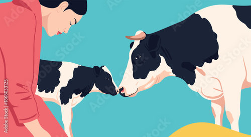 A compassionate woman observes a tender moment between a mother cow and her calf, highlighting their natural bond and the importance of animal welfare.