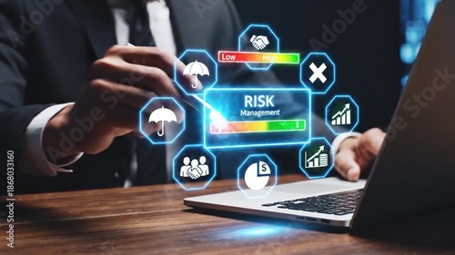 A professional examining risk management data on a laptop surrounded by digital icons representing various aspects of financial security and analysis