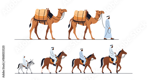 Arab people riding horses, a donkey, and leading camels laden with cargo, illustrating traditional desert travel and transport.