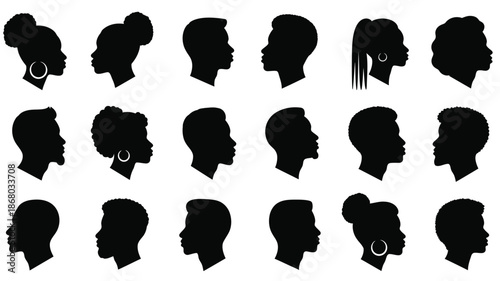 Collection of diverse african head profiles in a striking black silhouette