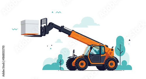 An orange and dark grey telehandler, a versatile telescopic handler, expertly lifts a white box on a pallet in a stylized outdoor setting.