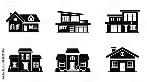 Variety of house designs depicted in a simple black silhouette