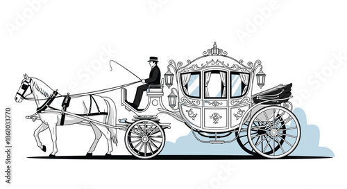 A majestic white horse pulls an elegant, ornate vintage carriage with a formally dressed coachman, evoking historical travel and luxury.