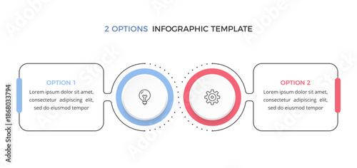 Infographic template with two options with thin line frames and circles for icons, comparison infographics, business data visualization