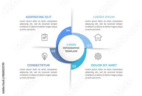 Circle diagram with four elements, cycle process or workflow with four steps, infographic template