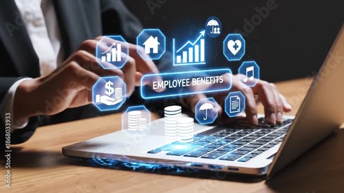 A business professional utilizes a laptop displaying various employee benefit icons like health finance and career growth opportunities in a modern office setting