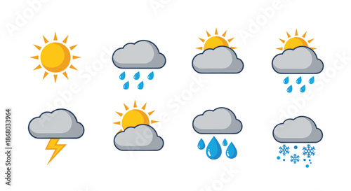 Colorful flat design vector icons representing various weather conditions including sunny, cloudy, rainy, stormy, and snowy forecasts.