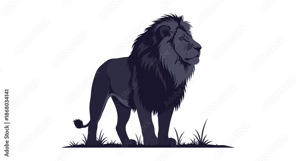 Fototapeta premium A majestic dark-colored lion with a voluminous mane stands proudly in a side profile on a patch of grass against a clean white background.