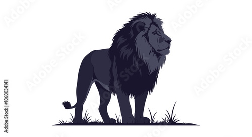 A majestic dark-colored lion with a voluminous mane stands proudly in a side profile on a patch of grass against a clean white background.