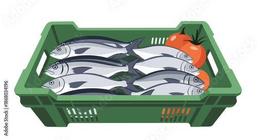 A vibrant illustration of a green crate brimming with freshly caught silver fish and a couple of ripe red tomatoes, ready for market.