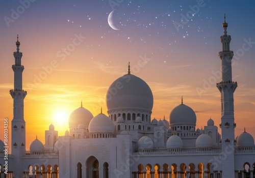 Beautiful mosque architecture with domes and minarets at sunset under a starry sky with crescent moon with Islamic and religion and serene and spiritual