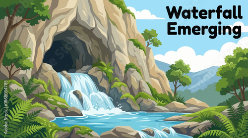 waterfall emerges from a limestone cave opening, emphasizing underground water systems, karst geology, and mysterious natural formations