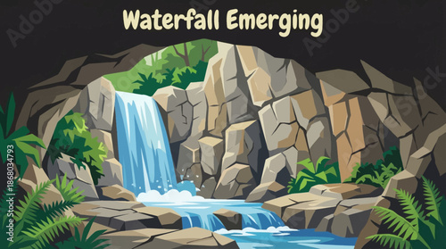 waterfall emerges from a limestone cave opening, emphasizing underground water systems, karst geology, and mysterious natural formations