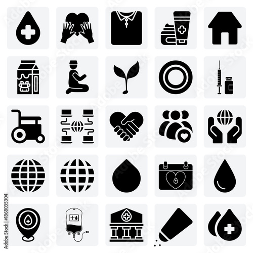 Basic Needs For Humanitarian Support – Food, Clothing, Housing, And Medical Supplies Like Vaccines For Disaster Relief Graphics.