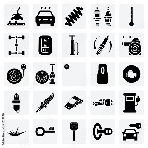 Automotive Repair And Service Elements – Car Keys, Suspension, And Spark Plugs For Mechanic And Garage Websites.