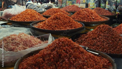 Mountains of traditional crispy dried shrimps in local market, Kep, Cambodia