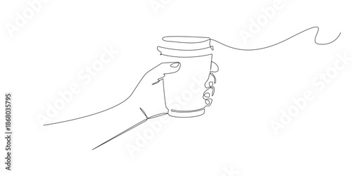 Hand drawn line art illustration of a hand holding a paper coffee cup. Simple line drawing style suitable for cafe concepts, coffee culture visuals, and daily routine themes.