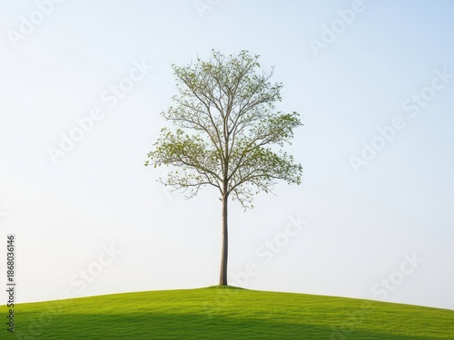 Single deciduous tree standing on grassy hill under clear sky in a natural landscape