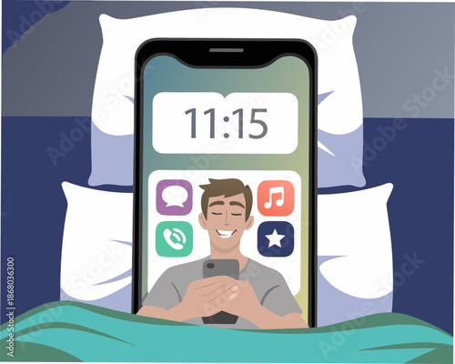 Man relaxing in bed at night scrolling through phone apps