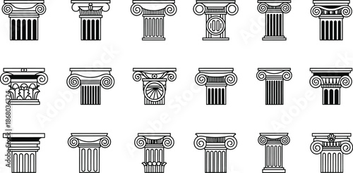 Fifteen black and white illustrations of classical Greek and Roman architectural columns Keywords: architectural, column, pillar, classical, Greek