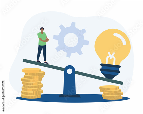 Man balancing innovation and finance on seesaw with coins and lightbulb