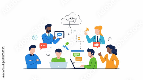 Diverse group of professionals collaborating on a project using technology.