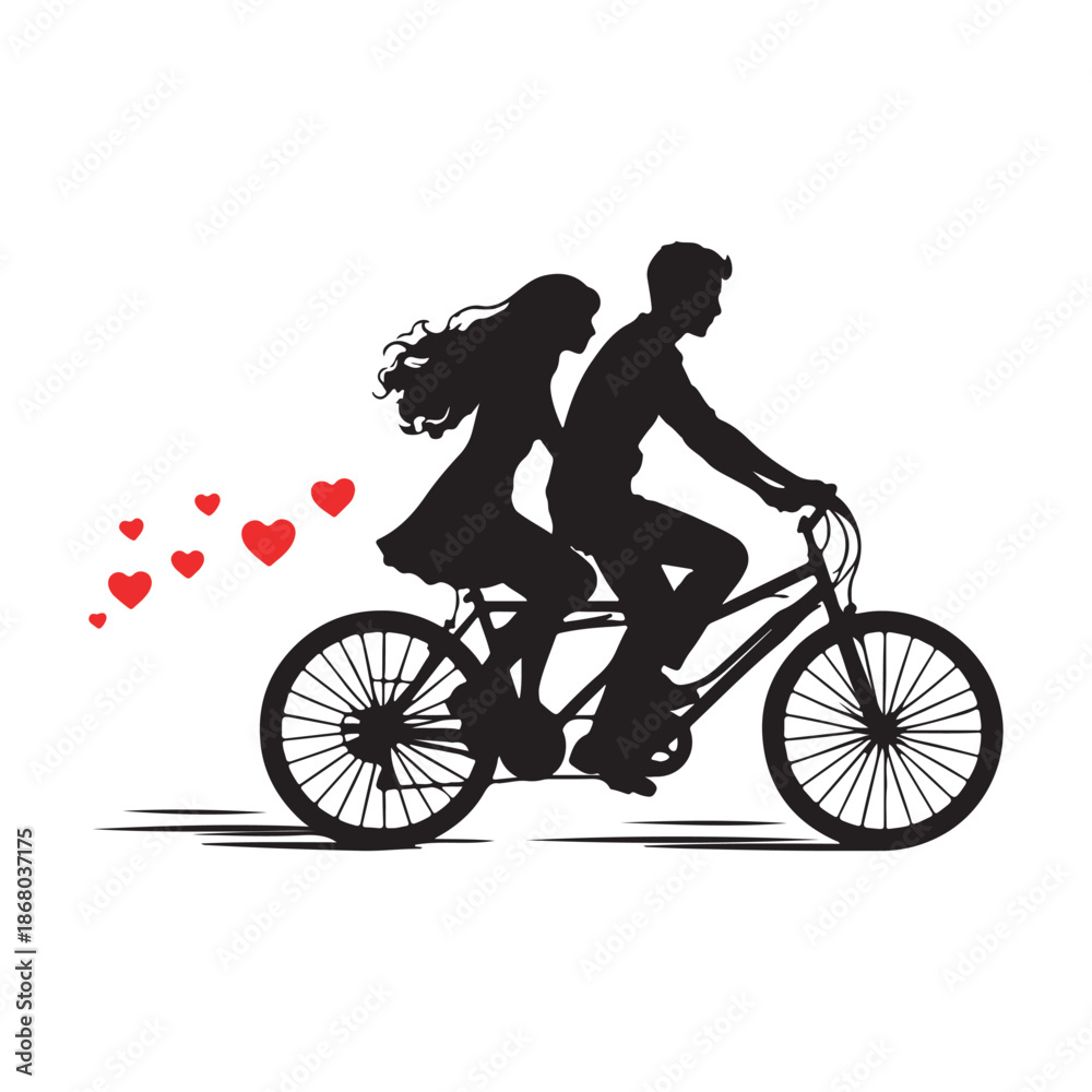 Obraz premium Romantic couple riding tandem bicycle with hearts floating behind on white background
