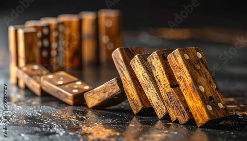 Close-up of wooden dominoes, some standing, some falling, on a textured surface