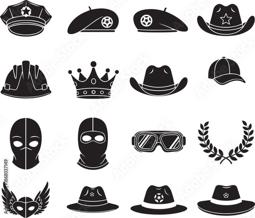 Collection of black and white headwear and symbols 1