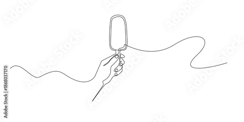 Hand drawn line art illustration of a hand holding an ice cream stick, using clean outline lines to represent summer refreshment and casual lifestyle. Simple line drawing style.