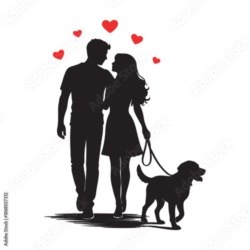 A beautiful silhouette illustration depicting a loving couple and their loyal dog enjoying a peaceful walk together, with red hearts symbolizing their deep affection and companionship