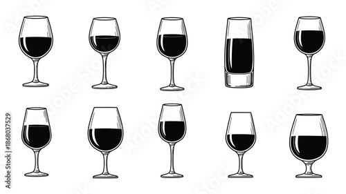 An arrangement of wine glasses filled with dark liquid a clean silhouette