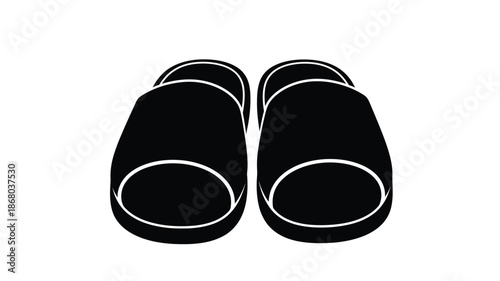A pair of black slippers is presented in a striking silhouette