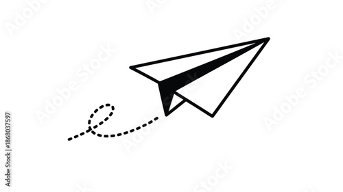 A simple black paper airplane with a dotted trail a striking silhouette