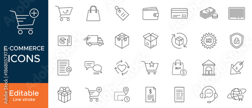 Ecommerce line icons set for online shopping, retail, and digital store apps, editable outline vector symbols