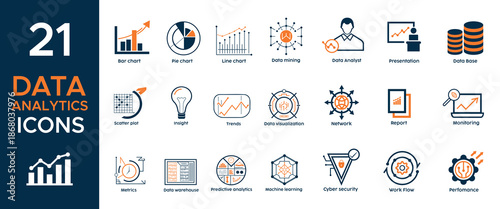 Data analytics and business intelligence icon set for metrics, reports, and growth