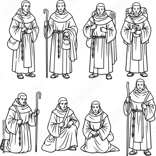 Monks in robes with staffs and bags in various poses