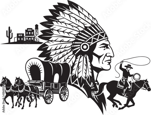 Native American chief headdress with cowboy lassoing horse and covered wagon