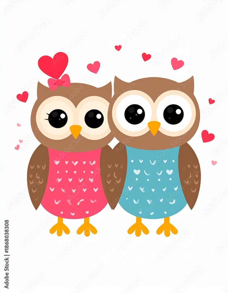 Obraz premium Cute Cartoon Owls in Love with Hearts, Valentines Day Illustration, Adorable Couple.