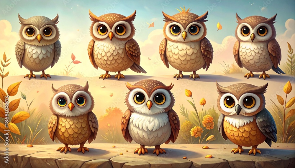 Fototapeta premium Cute Cartoon Owls in a Whimsical Autumn Landscape