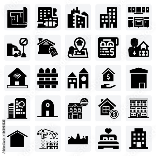 Property Search And Urban Development – Elements Like Real Estate Navigation, Hotel Buildings, And Sales Discounts For Marketing.