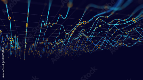 Abstract digital infographic data from wavy lines with circles in stream quantum computing in dark cyberspace. Tech information transmission. Big data.