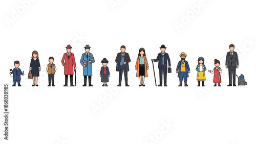 Diverse people character illustration set showing men women and children in different outfits and styles, flat vector collection