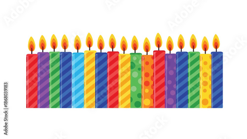 Row of bright multicolored birthday candles all lit with vibrant flames creating a festive decorative border element